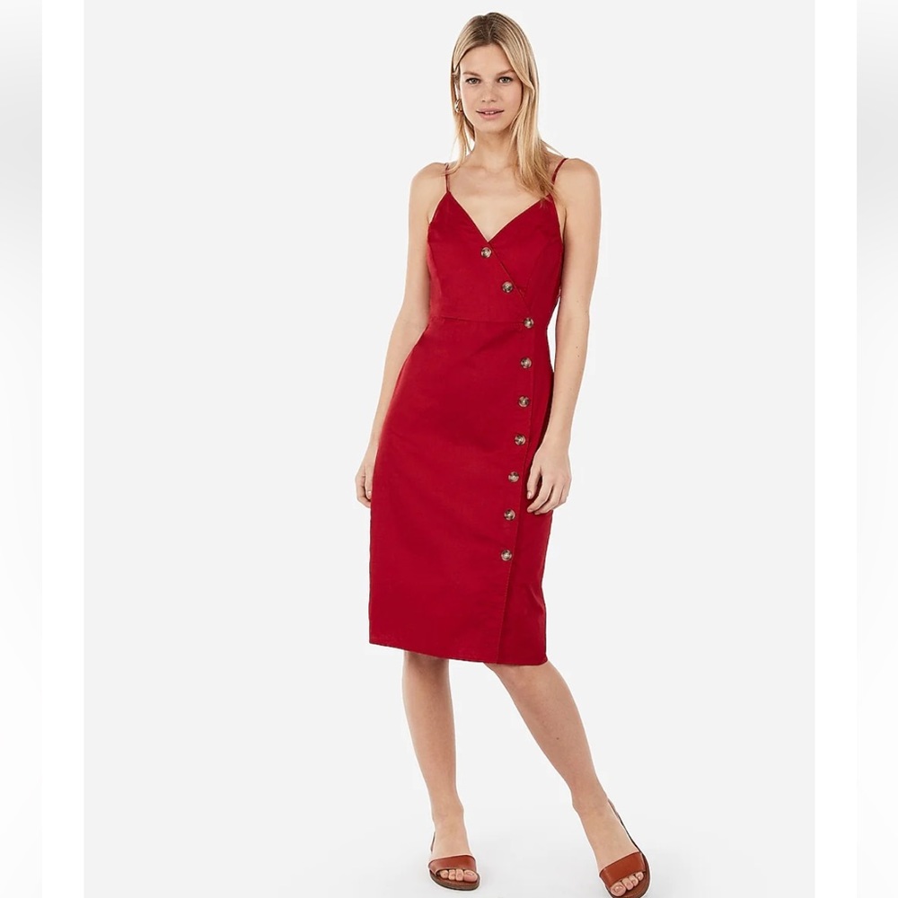 Express Asymmetrical Button Front Midi Dress In R… - image 1